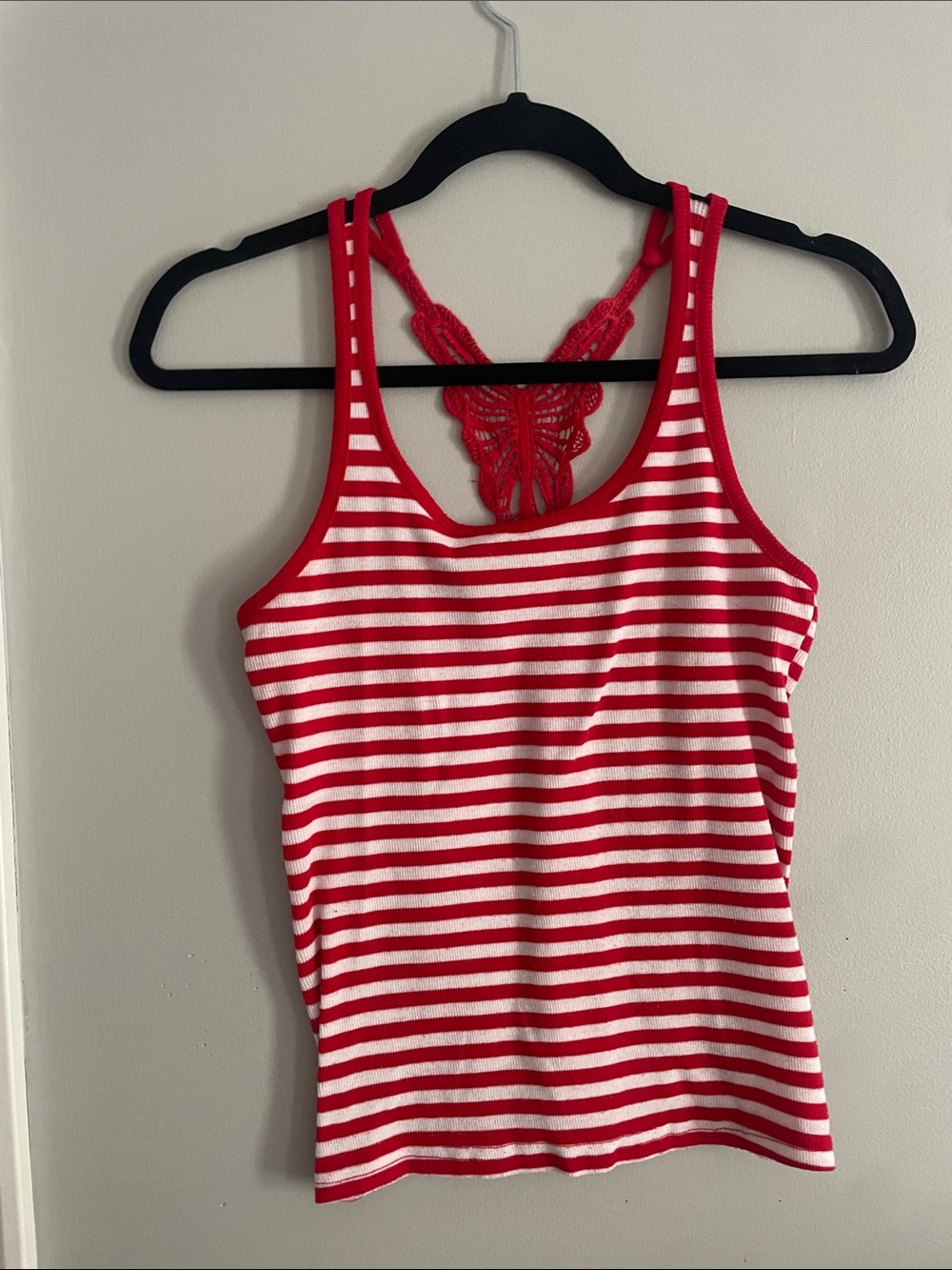 stripped tank top with butterfly like lace back